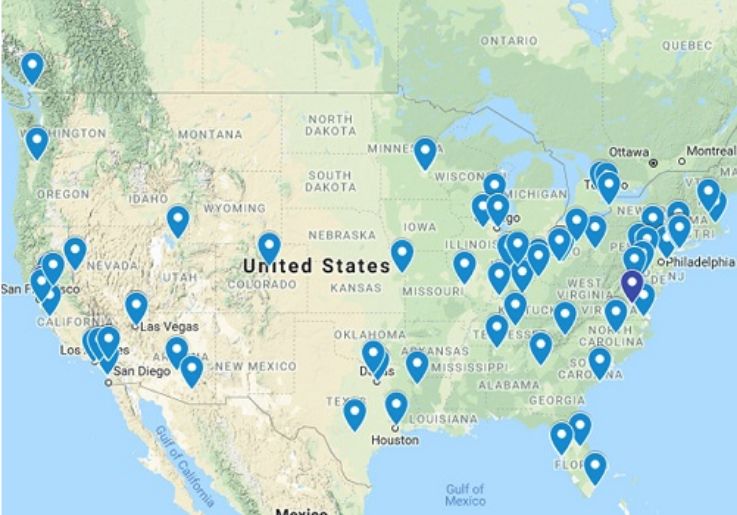 Map of North America with 200 locations that EuroSort has installed sorters map