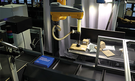 robotic induction arm inducting parcels into a cross tray sorter